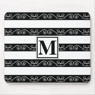 Black White striped Monogram design Mouse Pad