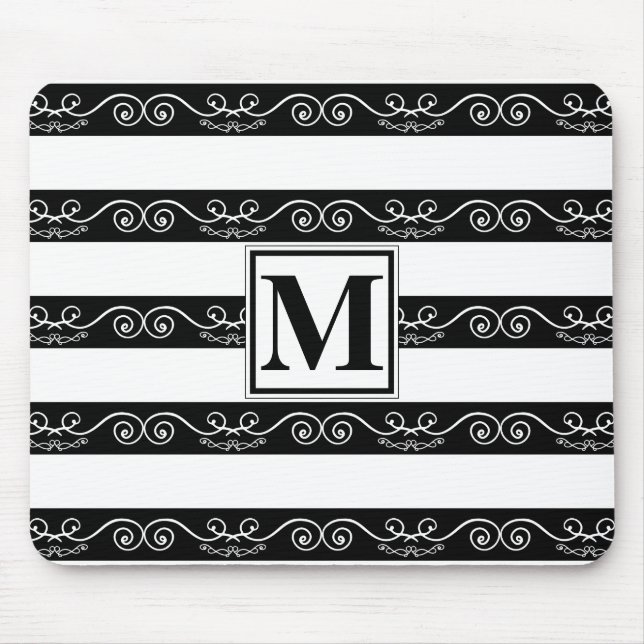 Black White striped Monogram design Mouse Pad (Front)