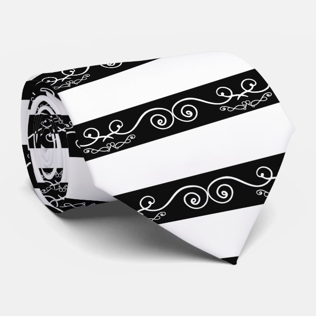 Black White striped Monogram design Tie (Rolled)