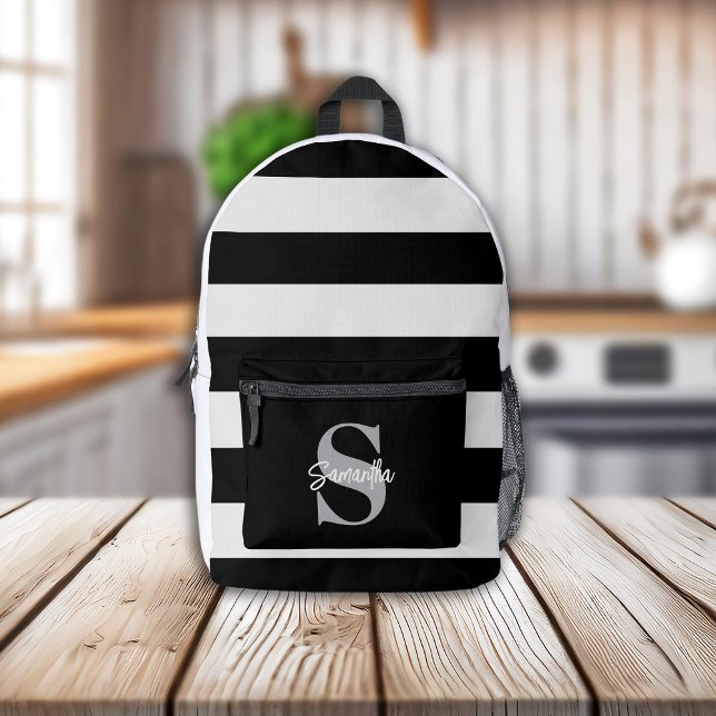 Black & White Striped Monogram Initial Name  Printed Backpack (Creator Uploaded)