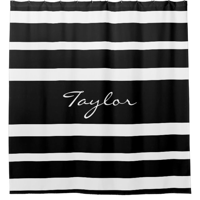 Black White Striped Monogram Name Custom Elegant Shower Curtain (Front)