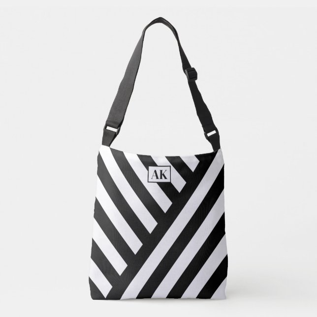 Black & White Striped Monogram Tote Bag (Front)