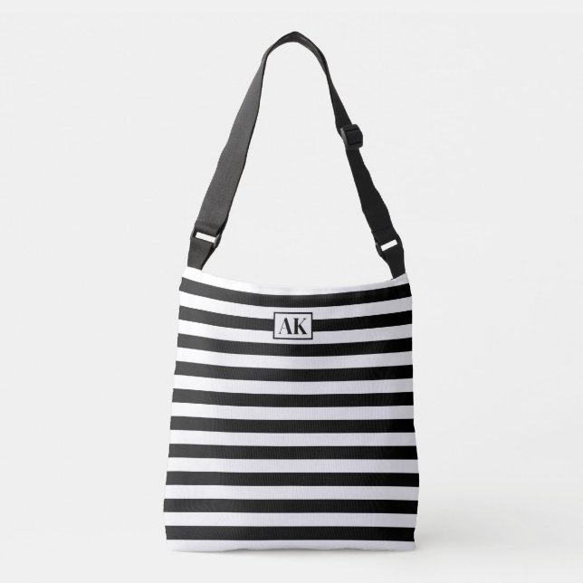 Black & White Striped Monogram Tote Bag (Front)