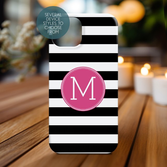 Black White Striped Pattern Hot Pink Monogram Case-Mate iPhone Case (Personalized Phone Case with Monogram)