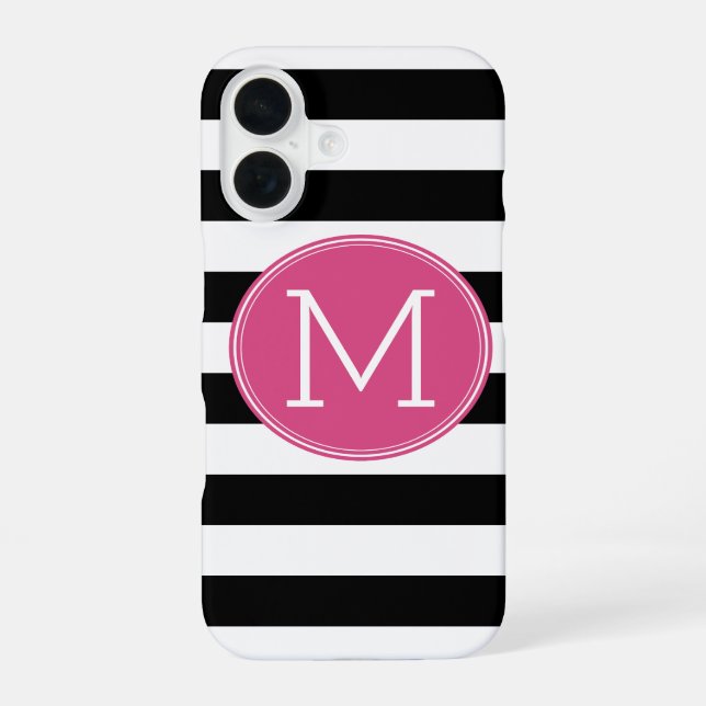 Black White Striped Pattern Hot Pink Monogram iPhone 16 Case (Back)