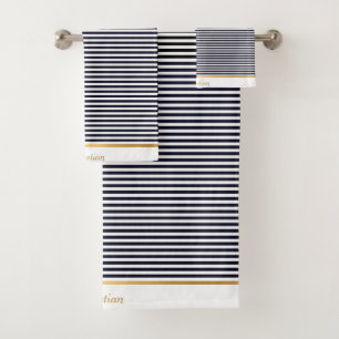 BLACK WHITE STRIPED PATTERN TRIM TOWEL SET