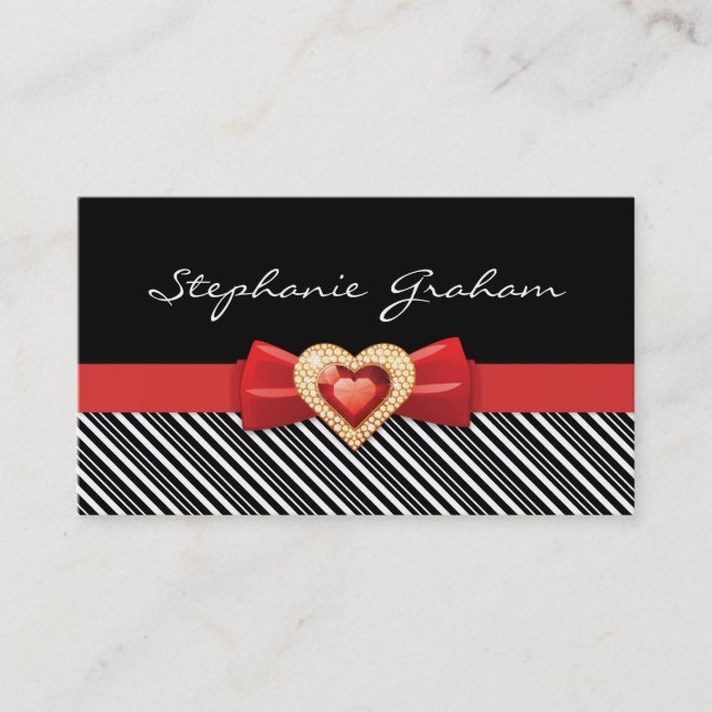 Black white striped pattern with red bow and jewel business card (Front)