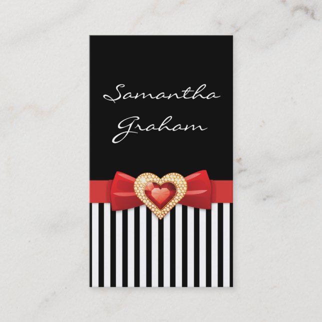 Black white striped pattern with red bow and jewel business card (Front)