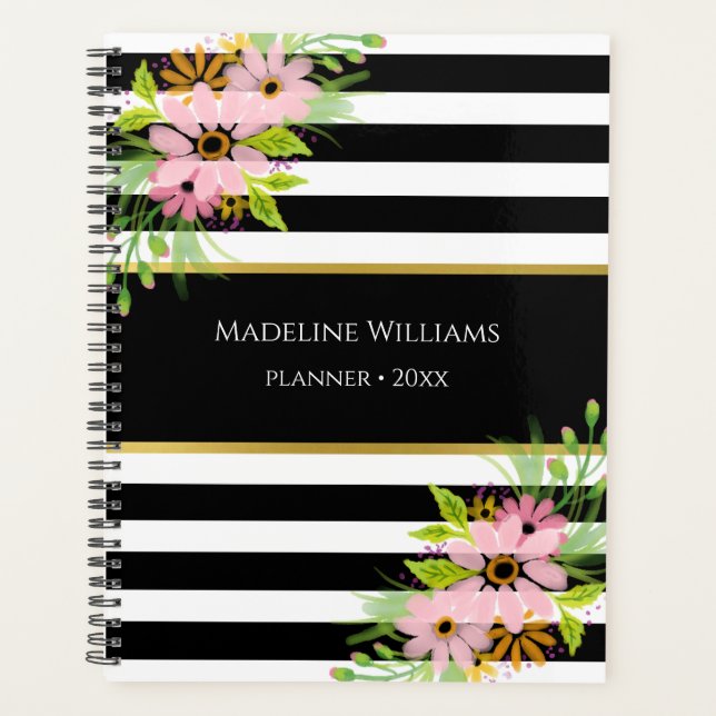 Black White Striped Pink Floral Gold 2026 Planner (Front)