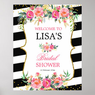 Black White Striped Pink Floral welcome sign