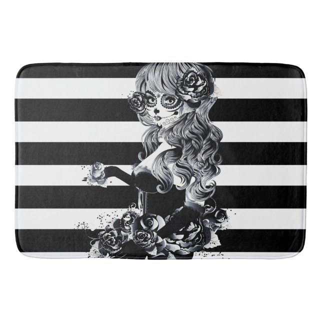 Black & White Striped Pretty Sugar Skull Girl Bath Mat (Front)