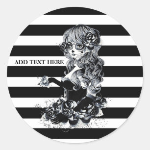 Black & White Striped Pretty Sugar Skull Girl Classic Round Sticker