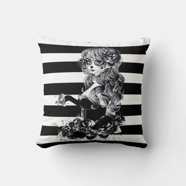 Black & White Striped Pretty Sugar Skull Girl Cushion (Front)