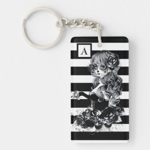 Black & White Striped Pretty Sugar Skull Girl Key Ring