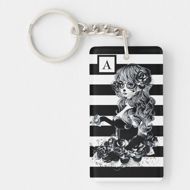 Black & White Striped Pretty Sugar Skull Girl Key Ring (Front)