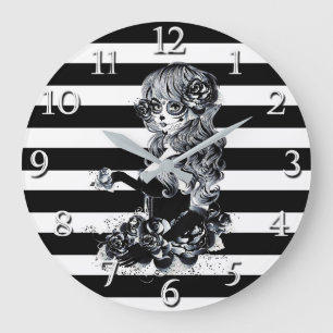 Black & White Striped Pretty Sugar Skull Girl Large Clock