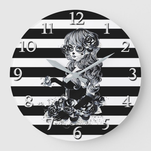 Black & White Striped Pretty Sugar Skull Girl Large Clock (Front)