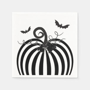 Black White Striped Pumpkin & Bats Halloween Party Napkin