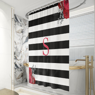 Black White Striped Red Silver Floral Monogram Shower Curtain