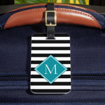 Black White Striped Teal Diamond Monogram Luggage