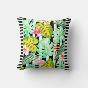Black & White Striped Tropical Throw Pillow