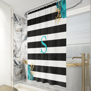 Black White Striped Turquoise Gold Floral Monogram Shower Curtain