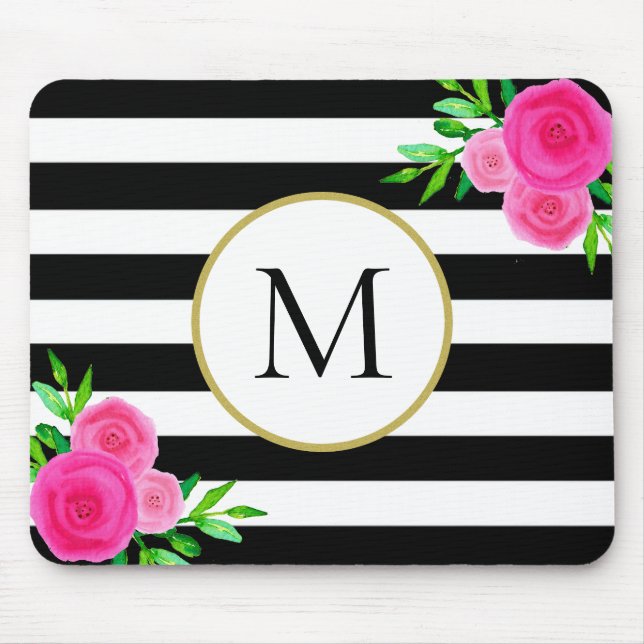Black White Striped Watercolor Floral Monogram Mouse Pad (Front)