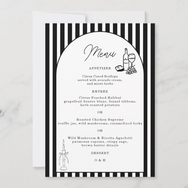 Black White Striped Wedding Menu Card (Front)