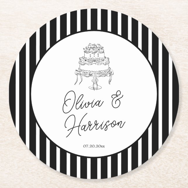 Black White Striped Wedding Round Paper Coaster (Front)