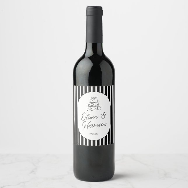 Black White Striped Wedding Wine Label (Front)