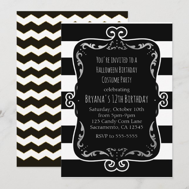 Black & White Striped with Silver Whimsical Party Invitation (Front/Back)