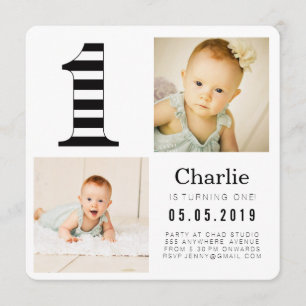 Black & White Stripes 1st Birthday Photo Cards