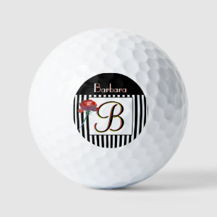 Black White Stripes a Rose 3 Colour Monogram  Golf Balls