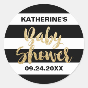 Black White Stripes and Gold Text Baby Shower Classic Round Sticker