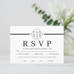 Black white stripes and monogram formal wedding RSVP card
