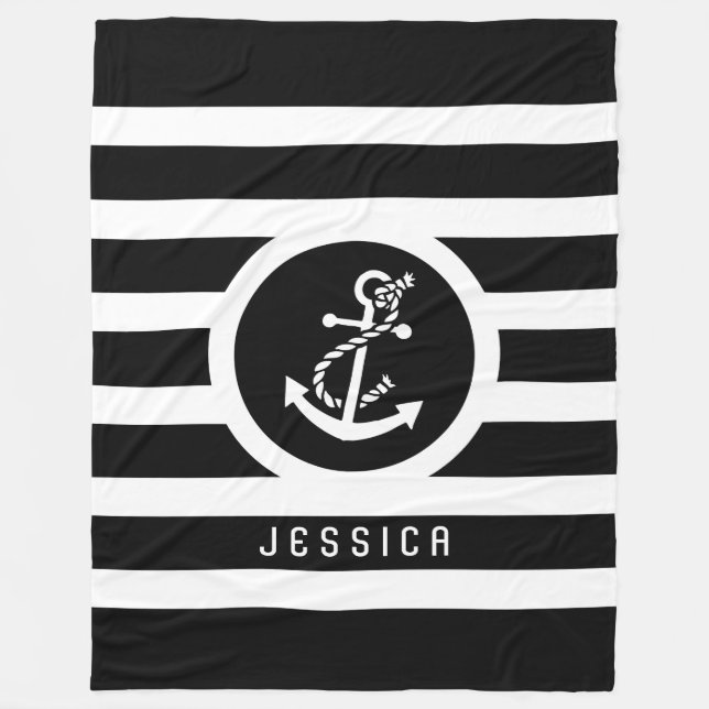 Black & White Stripes And Nautical Anchor Fleece Blanket (Front)