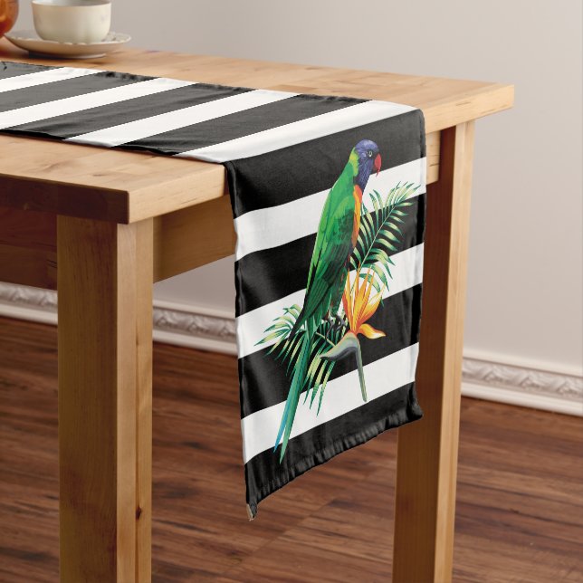 Black White Stripes And Parrot Short Table Runner (In Situ)