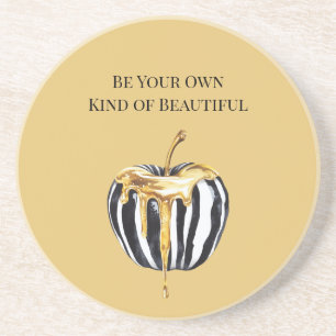 Black White Stripes Apple Gold Drips Coaster