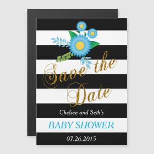 Black & White Stripes   Blue Floral   Baby Shower Magnetic Invitation