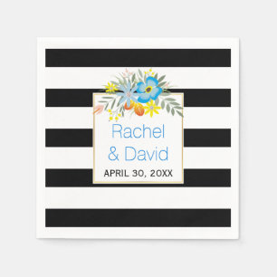 Black, white stripes blue folklore flowers wedding napkin