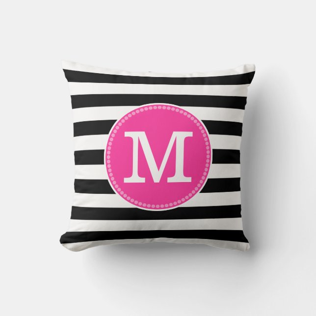 Black White Stripes Chic Minimal Hot Pink Monogram Cushion (Front)