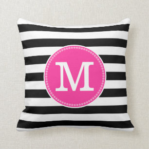 Black White Stripes Chic Minimal Hot Pink Monogram Cushion