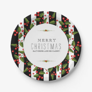 Black & White Stripes Christmas Wreath Paper Plate