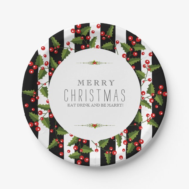 Black & White Stripes Christmas Wreath Paper Plate (Front)