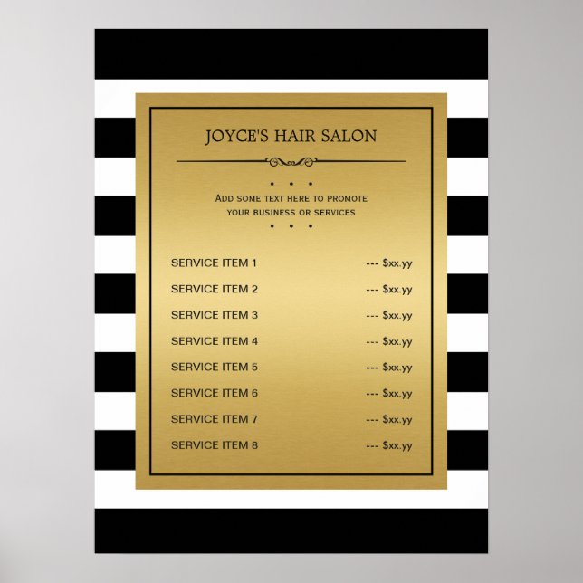 Black White Stripes Classic Gold Service Menu Poster (Front)