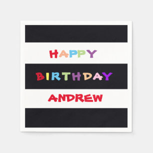 Black & White Stripes Colourful Happy Birthday Napkin