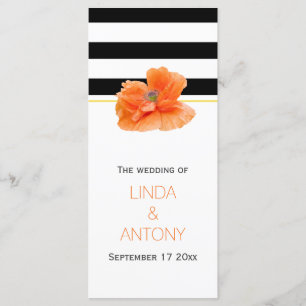 Black white stripes, coral poppy wedding program