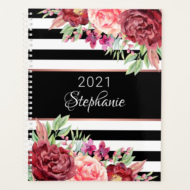 Black White Stripes Elegant Floral Personalised Planner (Front)