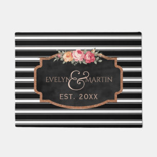 Black White Stripes   Elegant Monogram Name Year Doormat