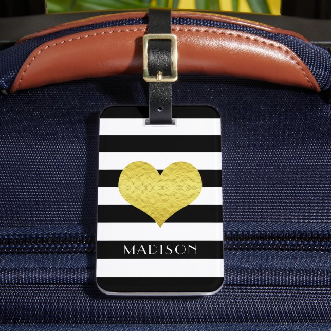 Black White Stripes Faux Gold Heart Luggage Tag (Front Insitu 2)